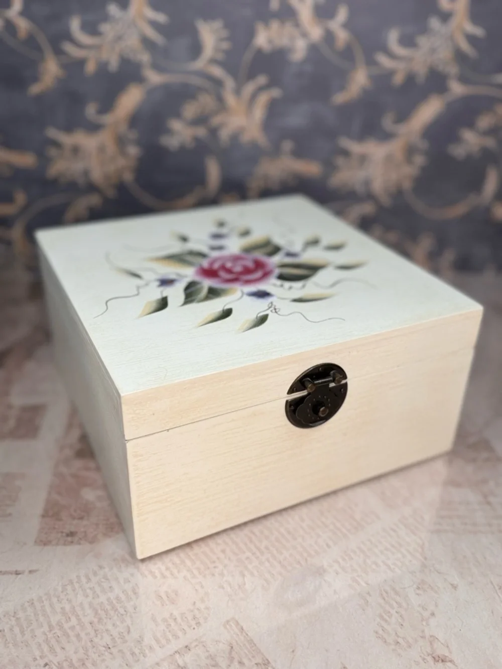 Large Wooden Jewelry Box Floral Lid Organizer Removable Tray Storage